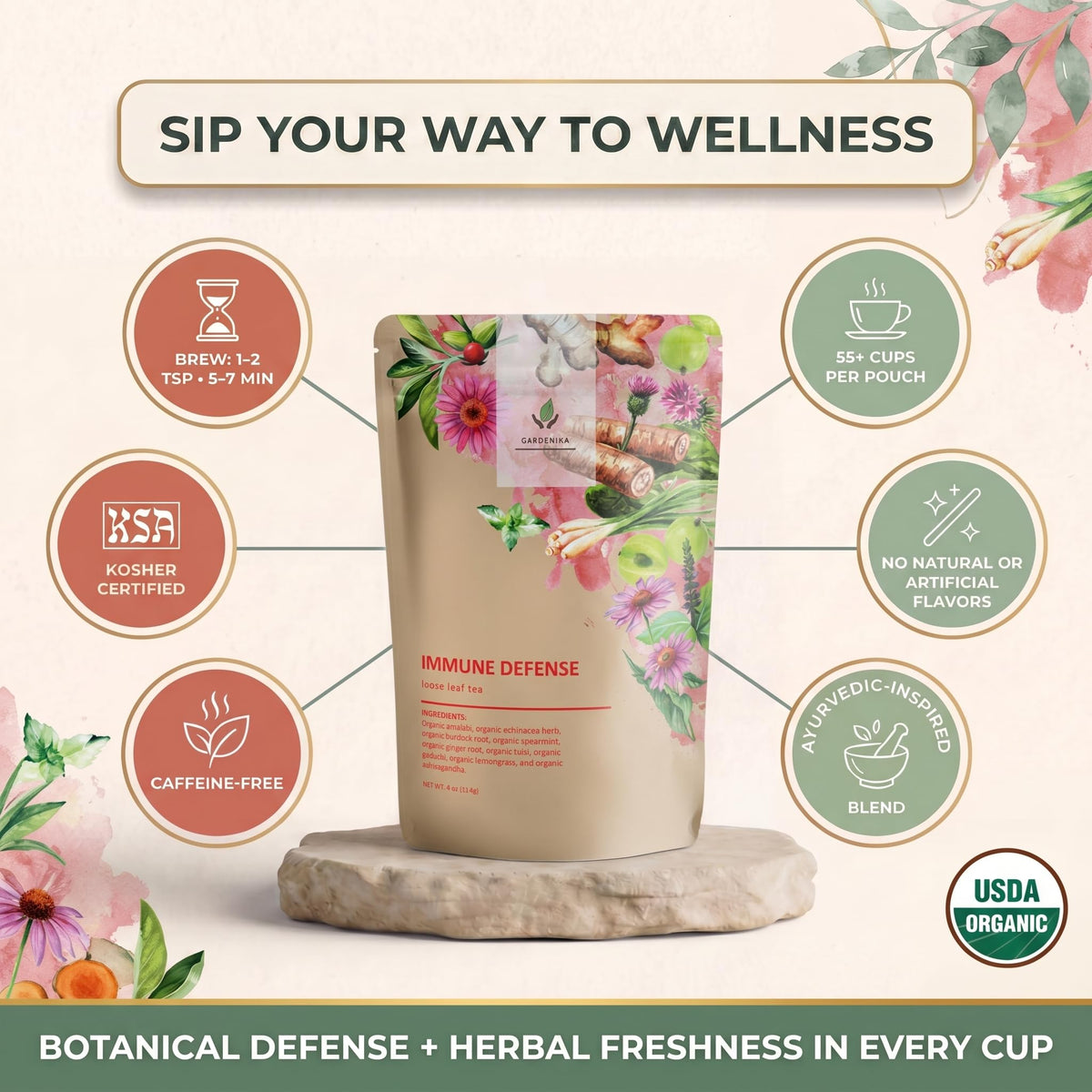 Gardenika Organic ingredients like amalaki and ginger offer aromatic warmth.