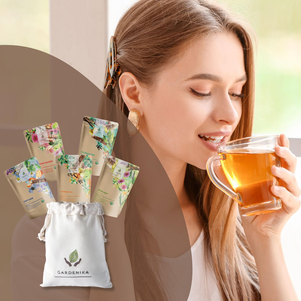 Gardenika Ayurvedic herbal blends in clear packaging highlighting aromatic herbs