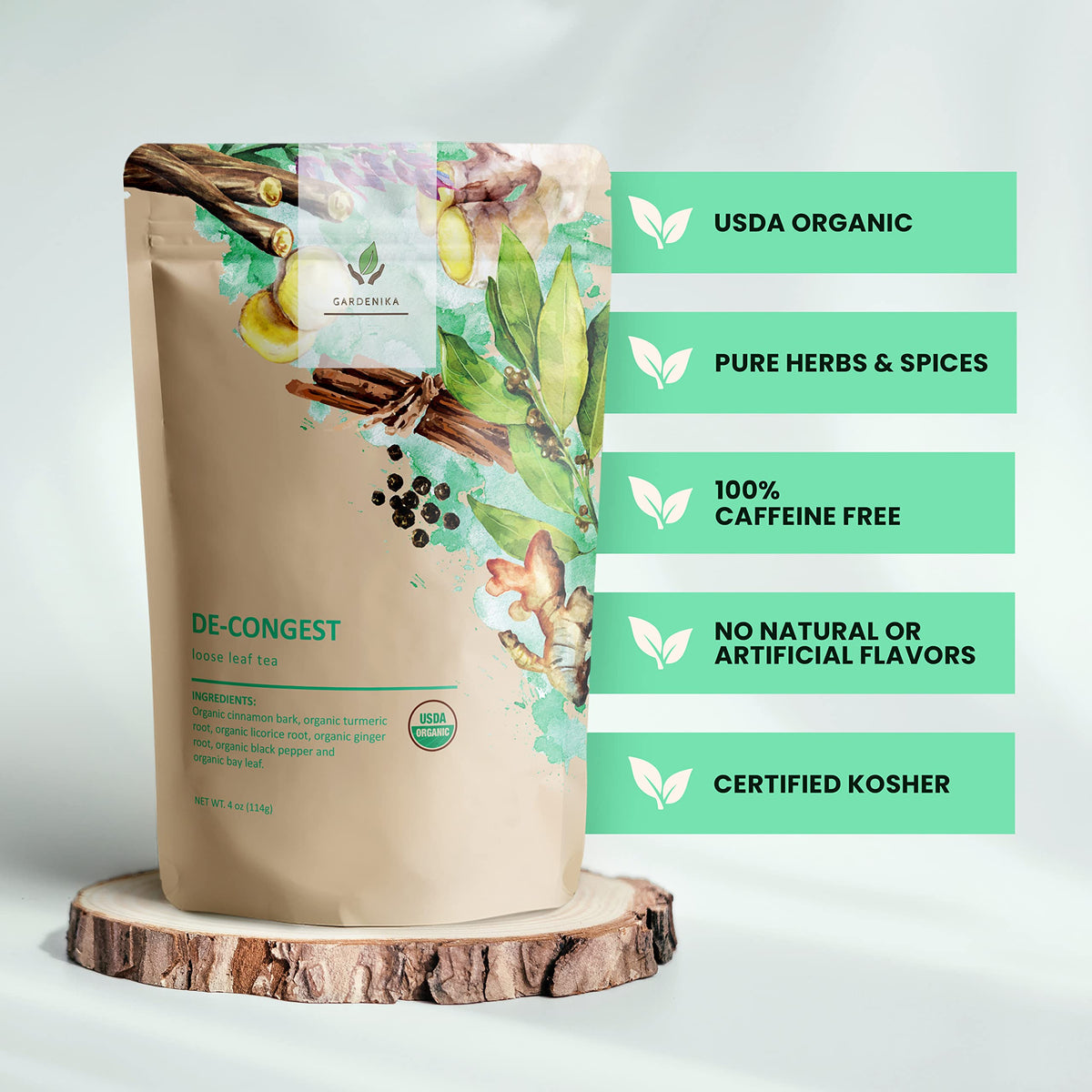 Gardenika Decongest ingredients closeup shows organic cinnamon, turmeric, and ginger.