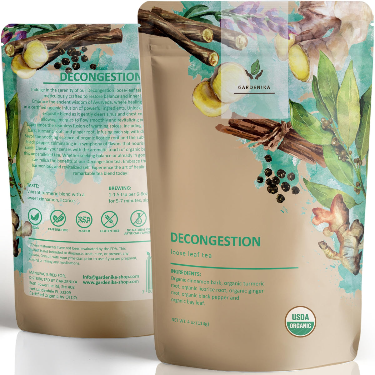 Gardenika Decongest loose leaf tea packaging highlights organic ingredients and freshness for daily rituals.
