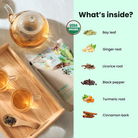 Gardenika Decongest tea cup steeping captures fragrant aroma and turmeric warmth.