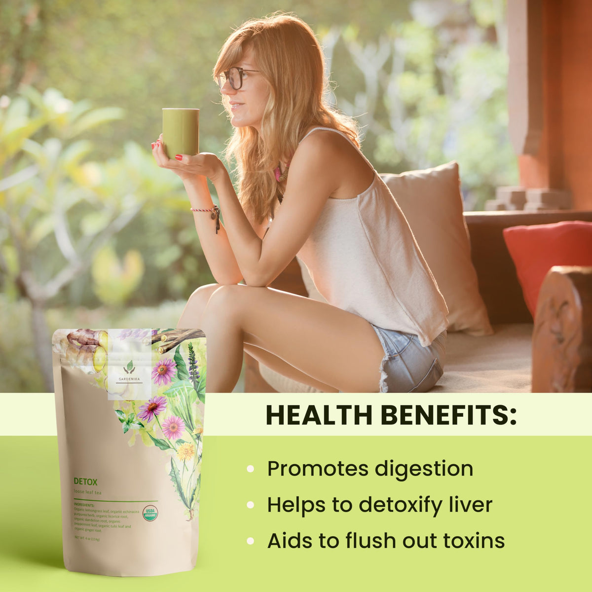 Gardenika detox tea in a jar with fresh mint scent