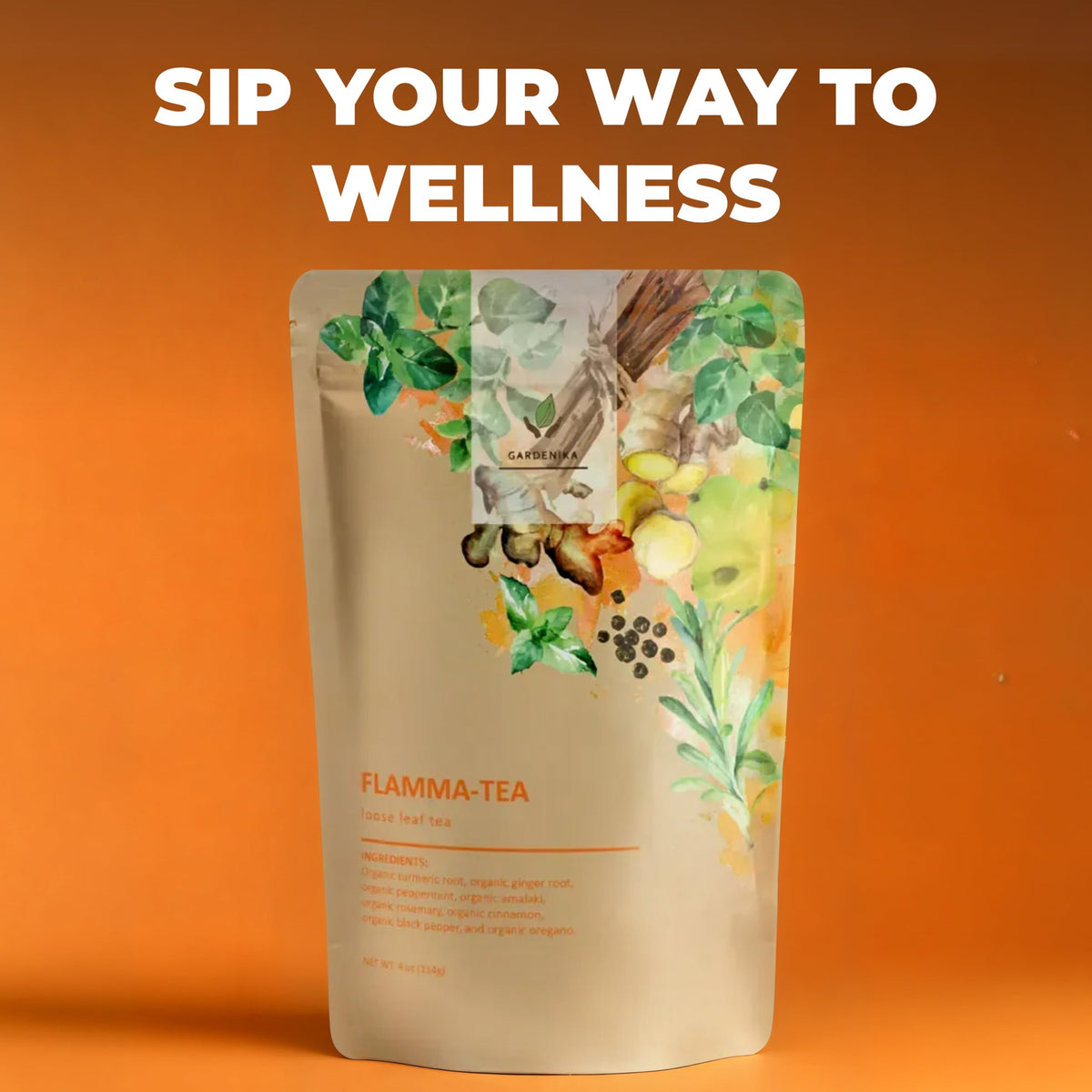 Gardenika Flamma-tea steaming cup reveals earthy turmeric and zesty ginger for a comforting ritual.