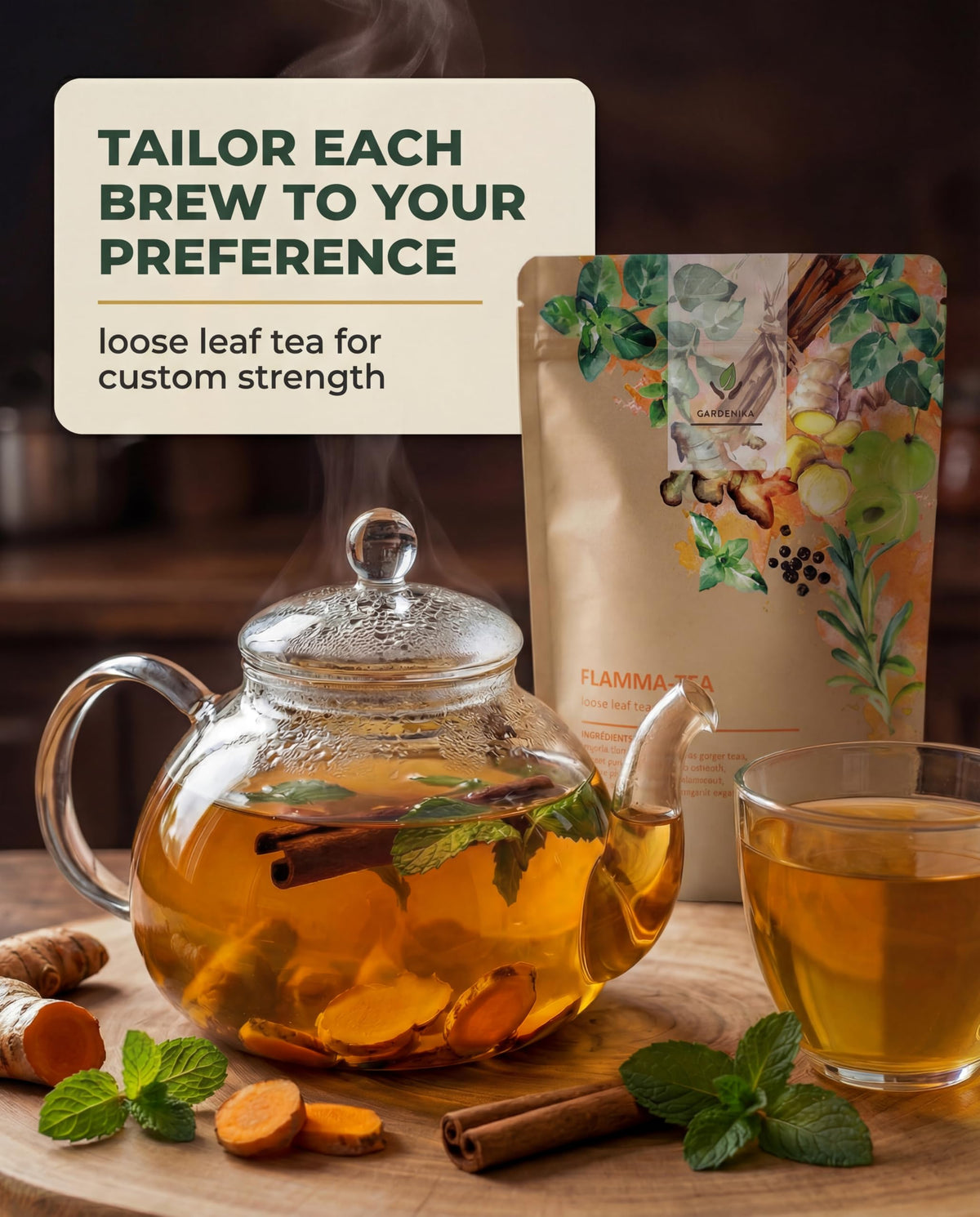 Gardenika Flamma-tea brew-guide-steeping demonstrates easy preparation for hot or iced tea