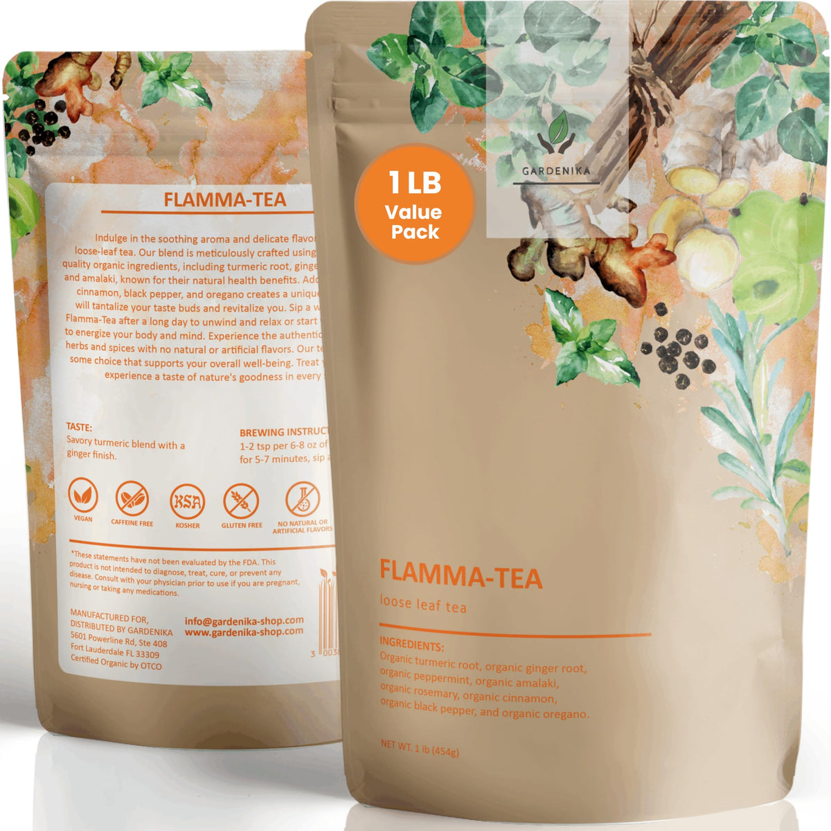 Gardenika Flamma-tea loose-leaf turmeric ginger blend with cinnamon and pepper, caffeine-free serenity.