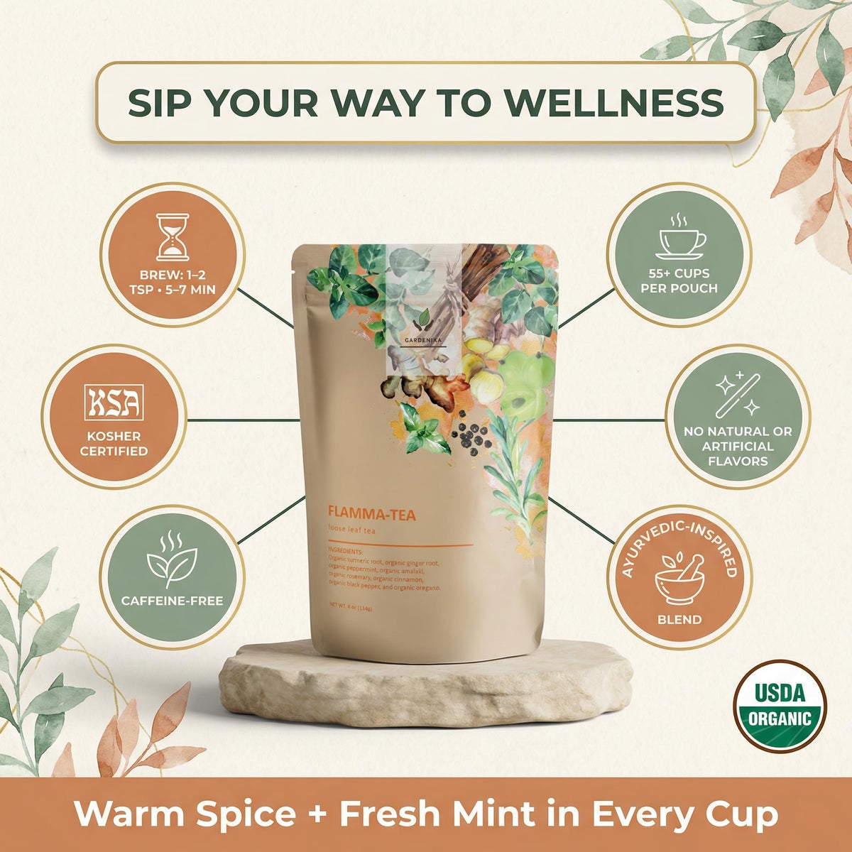 Gardenika Flamma-tea peppermint-cinnamon blend for a refreshing, naturally caffeine-free cup