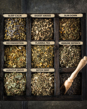 Gardenika Herbal Tisane Blends close-up leaf collection showing pure organic ingredients.