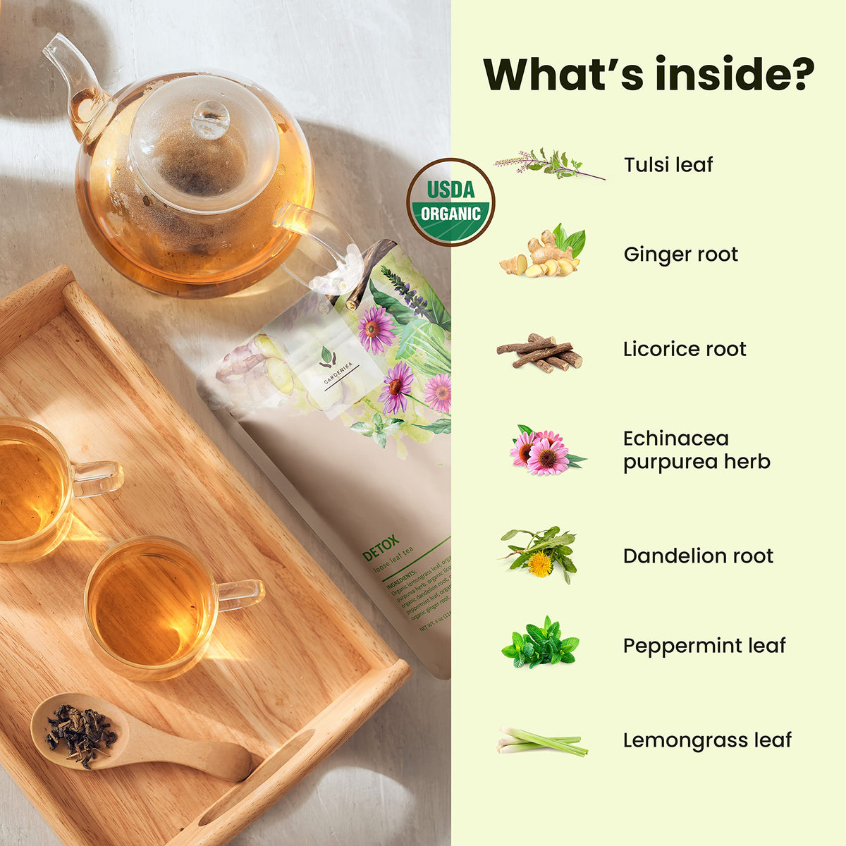 Gardenika lemongrass and echinacea tea brew in cup with citrus aroma