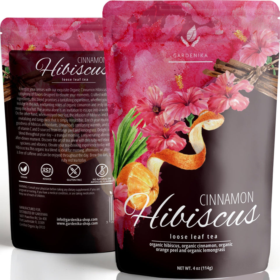 Gardenika Organic Cinnamon Hibiscus Tea leaves for a fragrant, caffeine-free brew anytime.