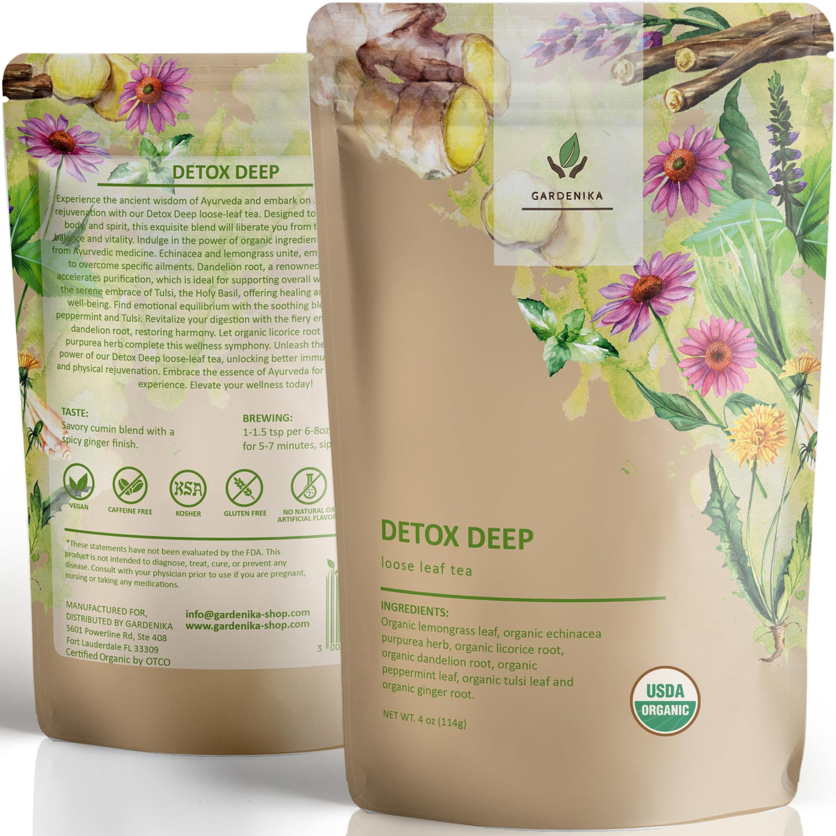 Gardenika organic dandelion detox loose-leaf tea packet close-up for a refreshing break