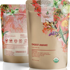 Gardenika Organic Digestive Tea package on counter, highlighting a caffeine-free daily ritual