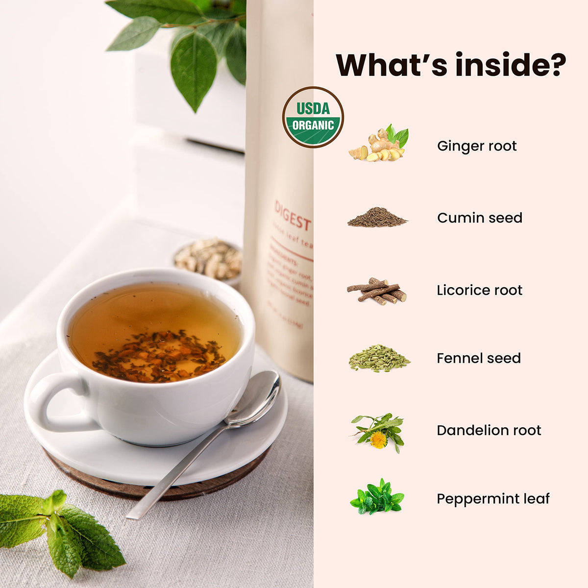 Gardenika Digestive Tea close-up with ginger and peppermint, showcasing calming aroma