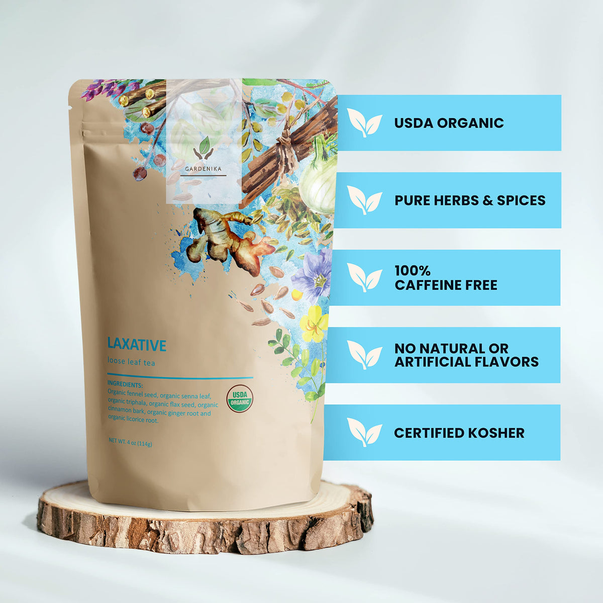 Gardenika organic fennel, senna, and ginger blend in a warm brew for gentle daily wellness.