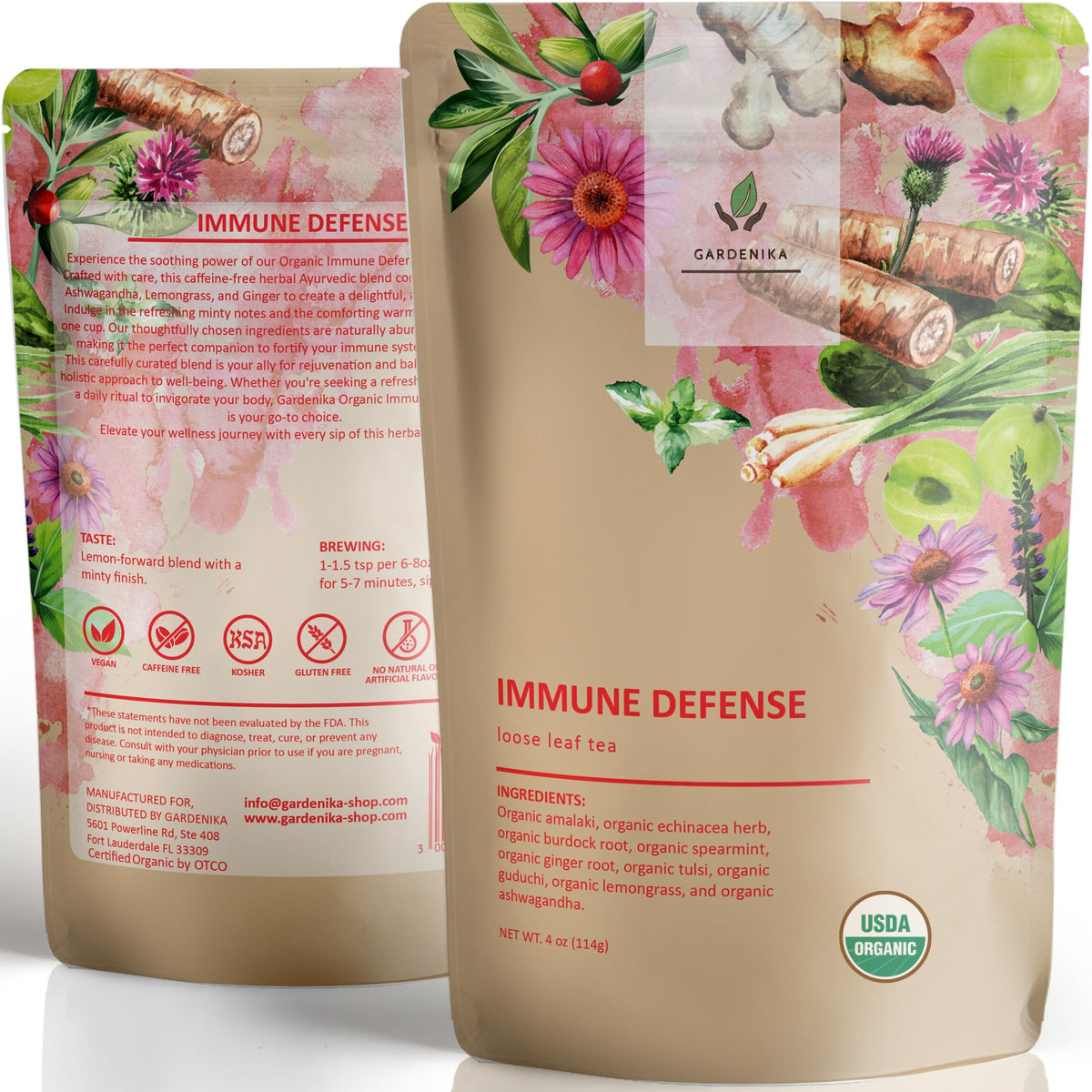 Gardenika Organic Immune Loose Leaf Tea pack highlights caffeine-free herbal blend for a daily ritual.