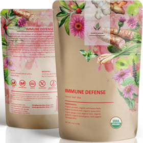 Gardenika Organic Immune Loose Leaf Tea pack highlights caffeine-free herbal blend for a daily ritual.