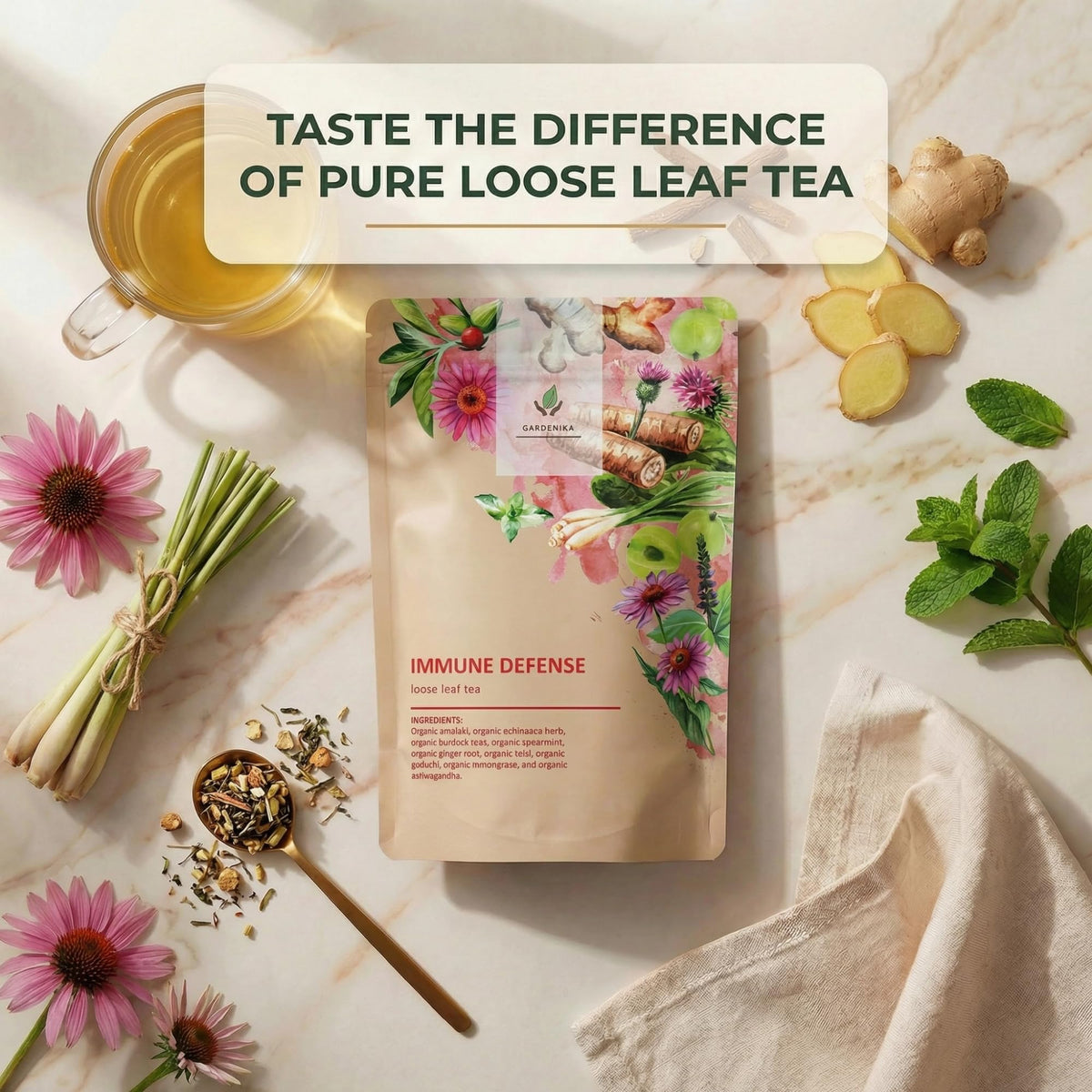 Gardenika loose leaf tea in resealable pack preserves flavor and freshness.
