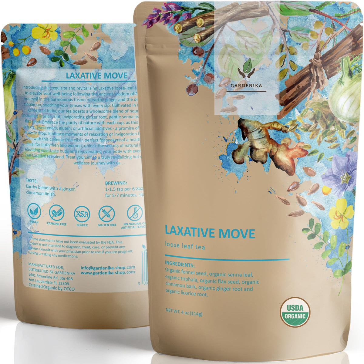 Gardenika Organic Laxative Loose Tea in a pack with herbal ingredients, a gentle daily ritual.