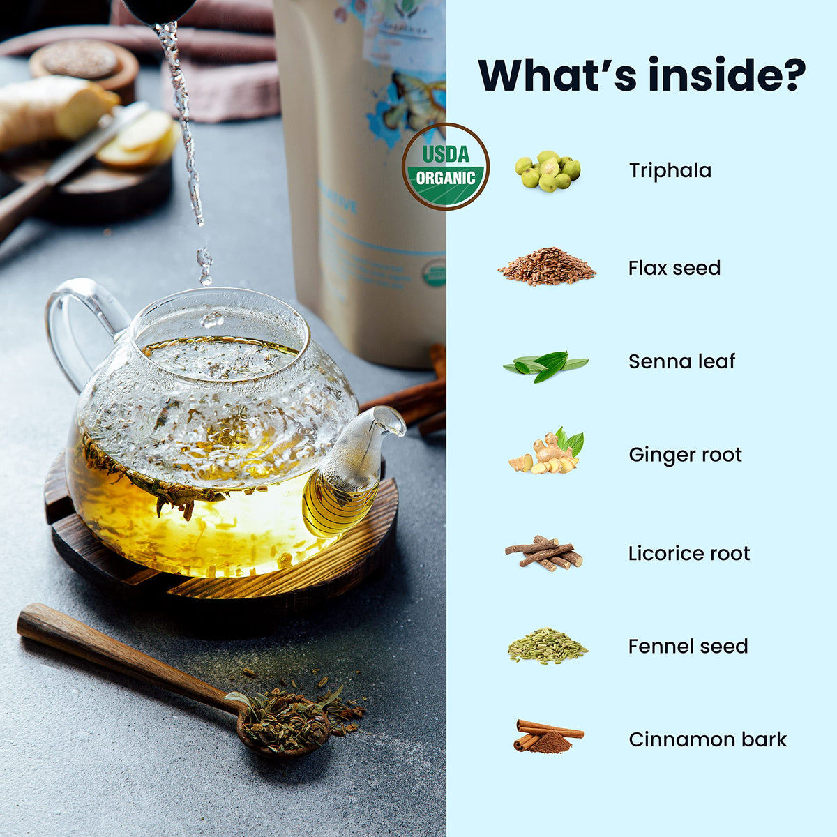 Gardenika laxative tea cup brew showing earthy loose leaves and warm aroma.