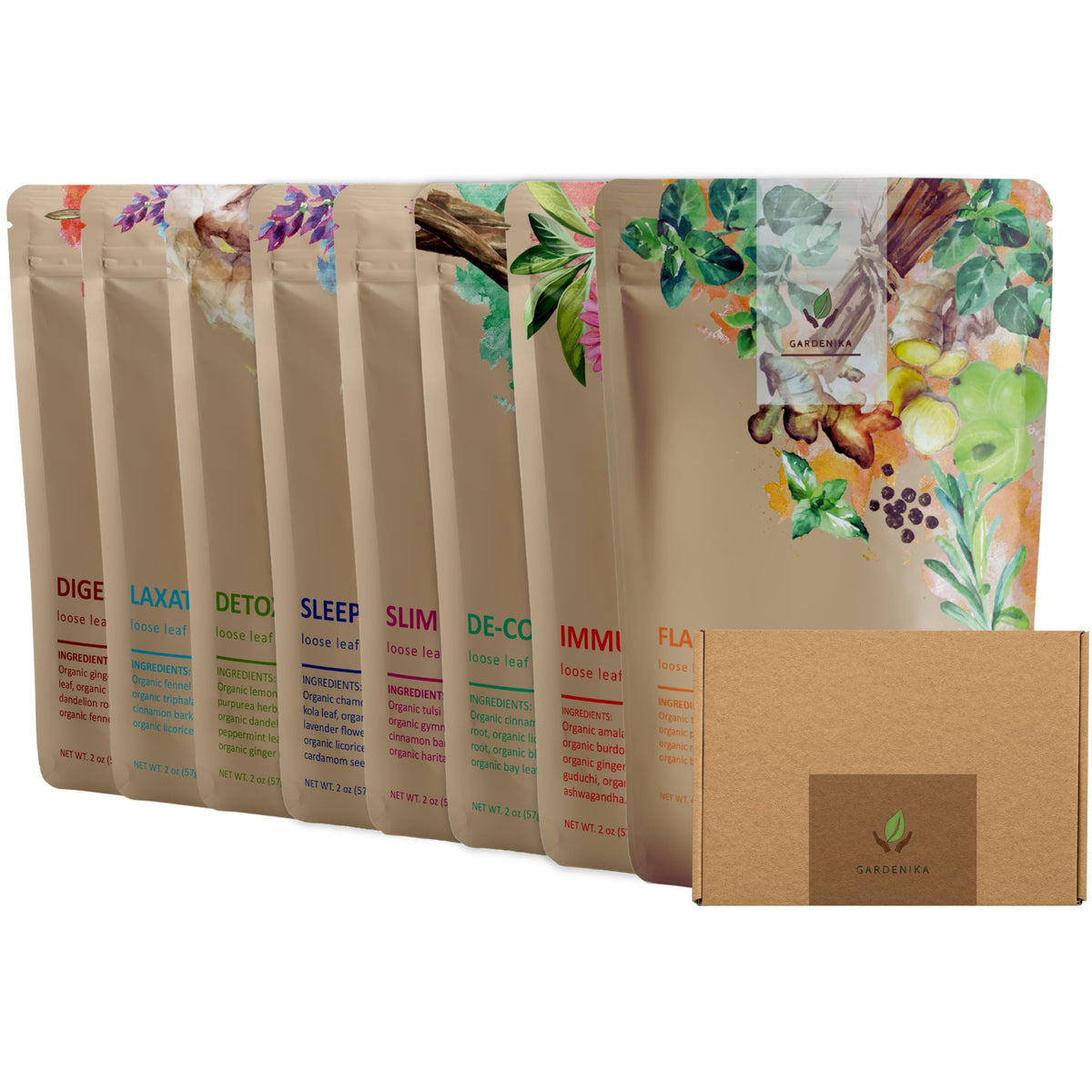 Gardenika Organic Loose Leaf Tea Sampler eight-pack packshot for at-home tasting.
