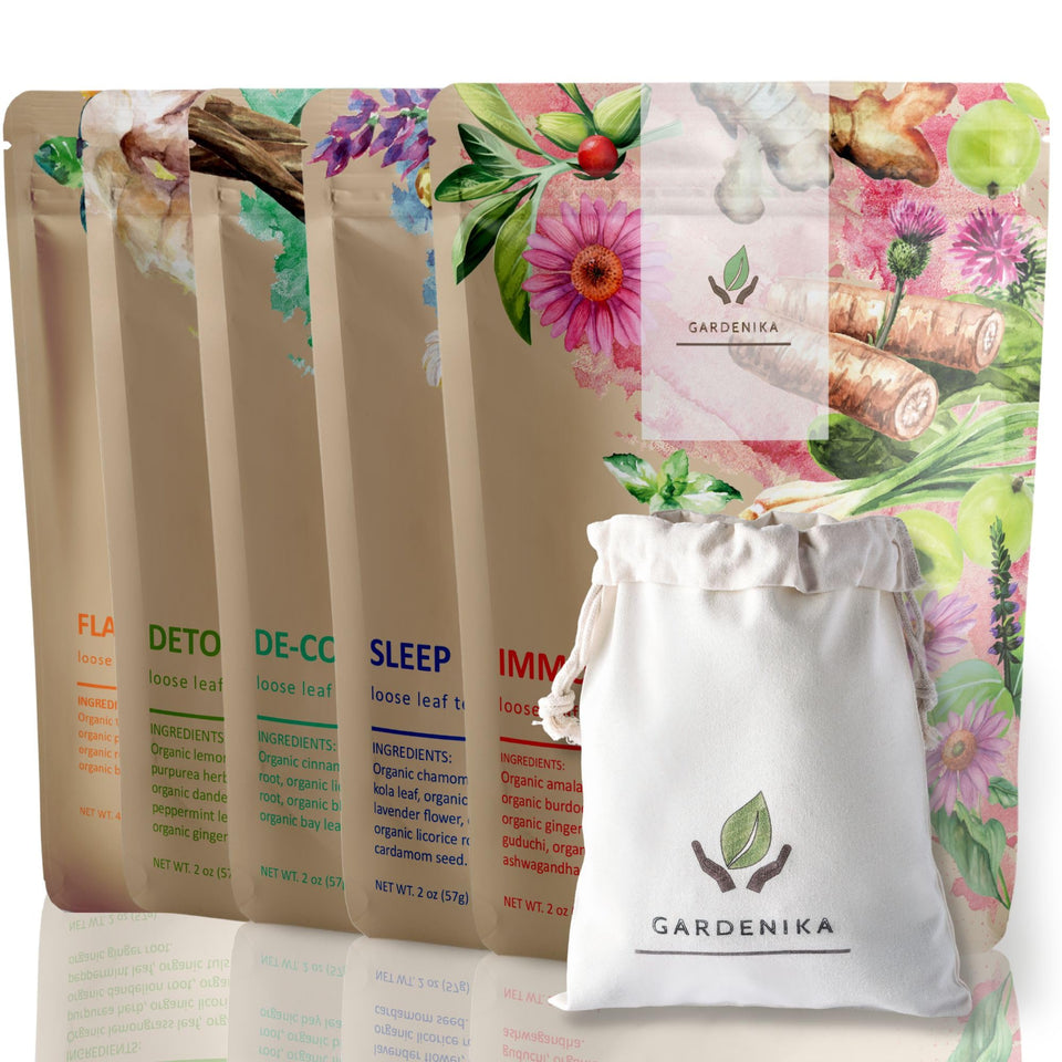 Gardenika organic tea sampler pouch with loose leaves for a caffeine-free ritual