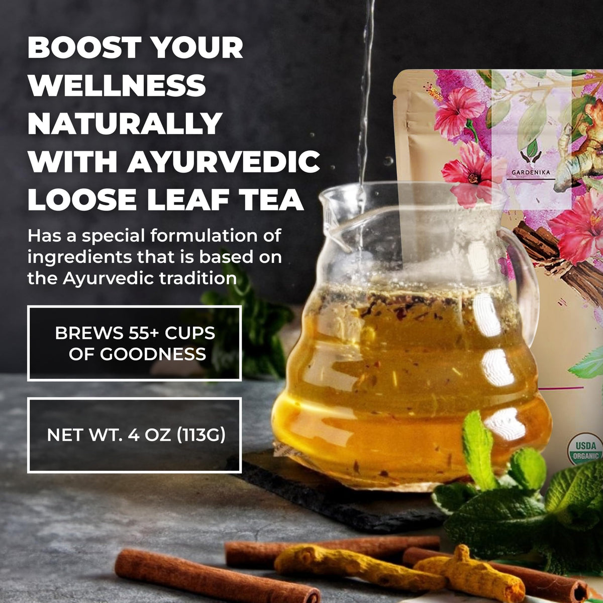 Gardenika Serenity Glow loose-leaf tea closeup shows vibrant herbs and earthy aroma.