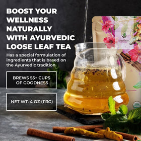 Gardenika Serenity Glow loose-leaf tea closeup shows vibrant herbs and earthy aroma.