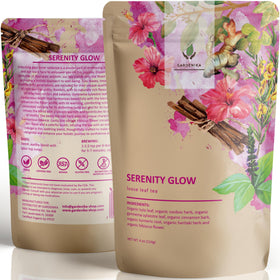 Gardenika Serenity Glow tea packaging highlights organic ingredients for a calming ritual.