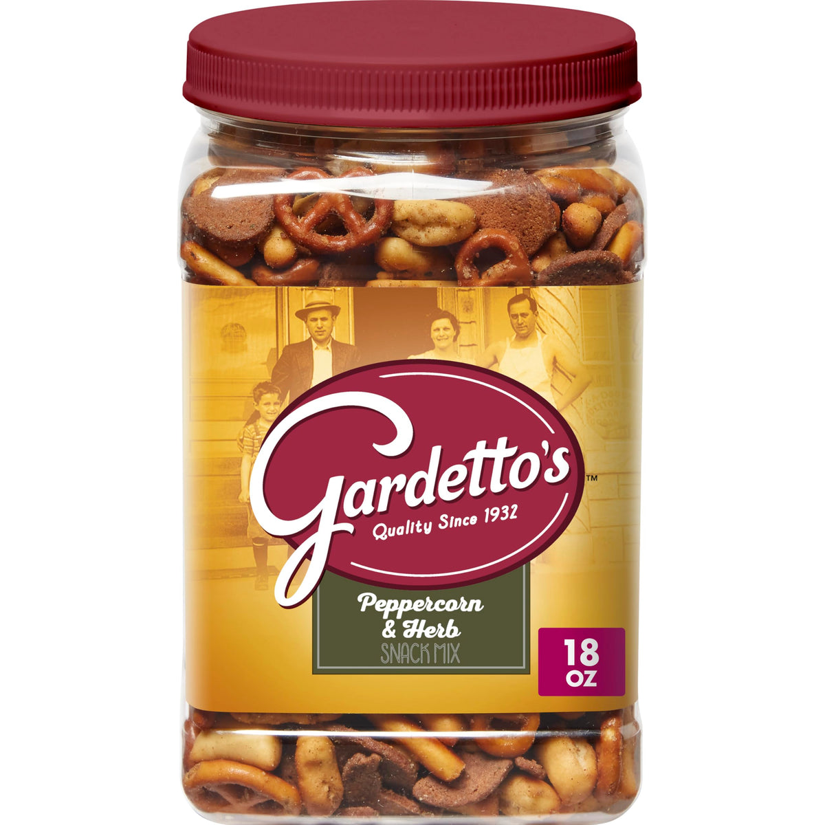 Gardetto's Peppercorn & Herb Snack Mix tub ready for sharing at gatherings.