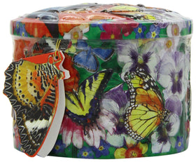 Butterfly and flower tin design by Gardiners enhances festive presentation.