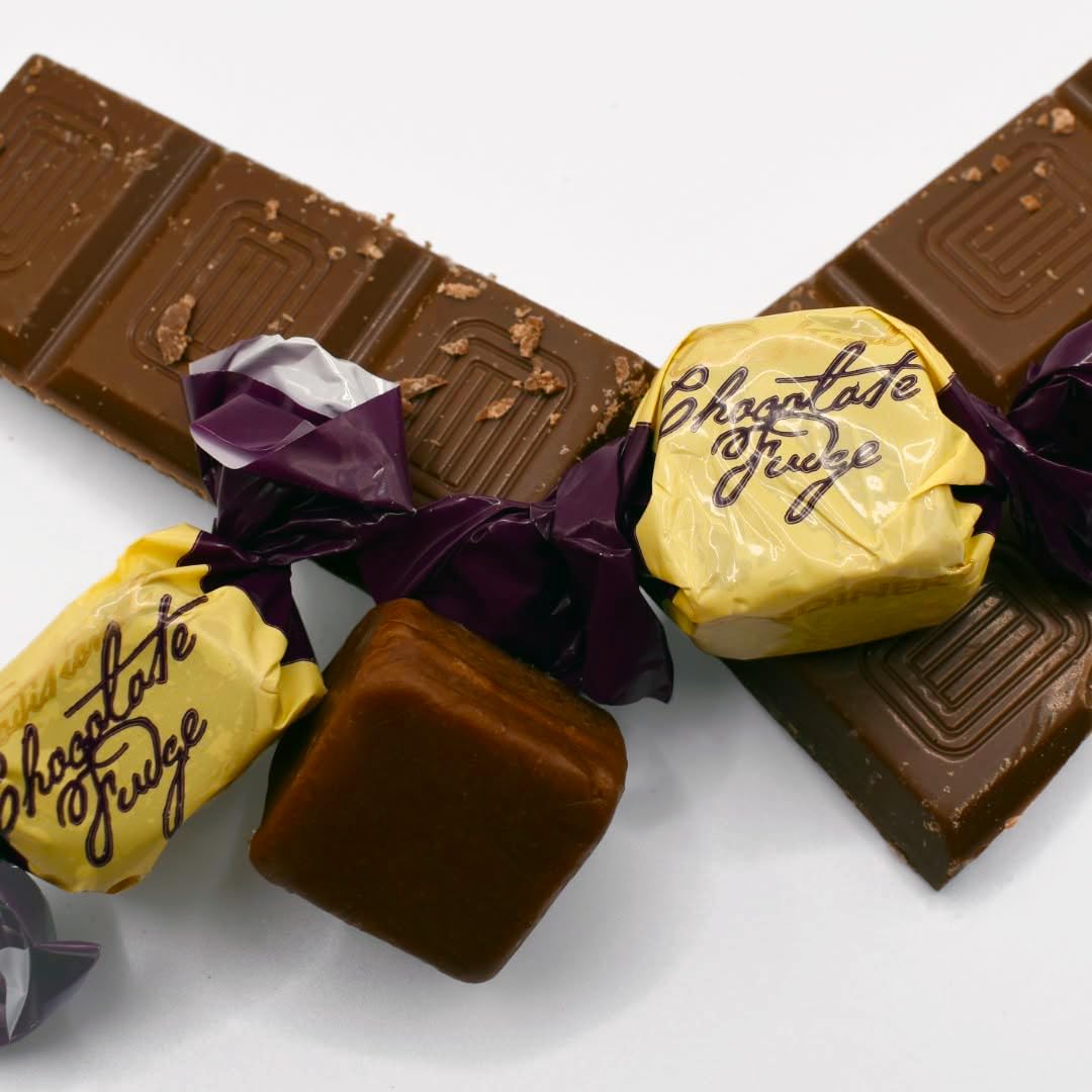 Gardiners of Scotland fudge close-up reveals creamy texture and sea salt sparkle, perfect for a treat.