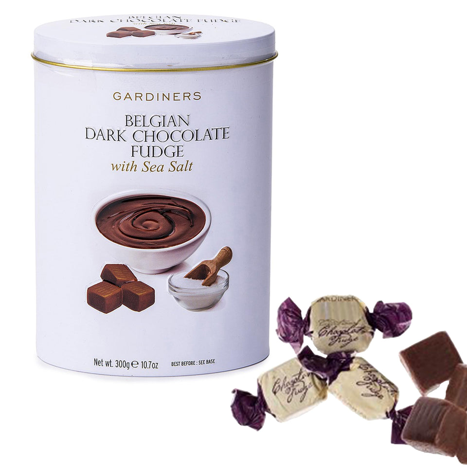 Gardiners of Scotland fudge tin with Belgian dark chocolate and sea salt, ideal for gifting.