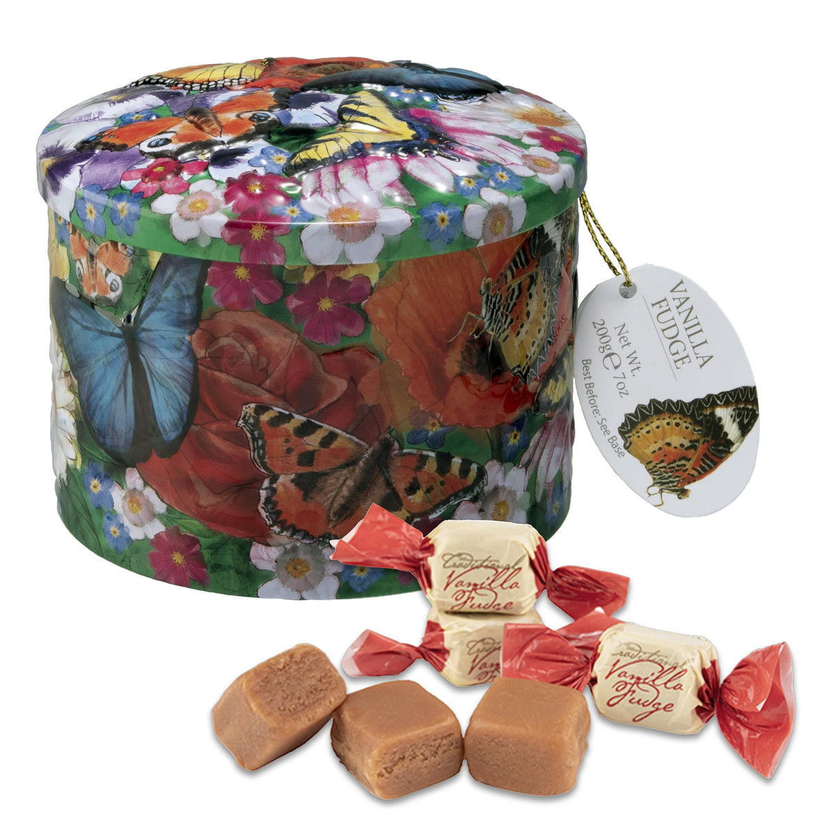 Gardiners of Scotland butterfly vanilla fudge tin with decorative design makes a gift-worthy treat.