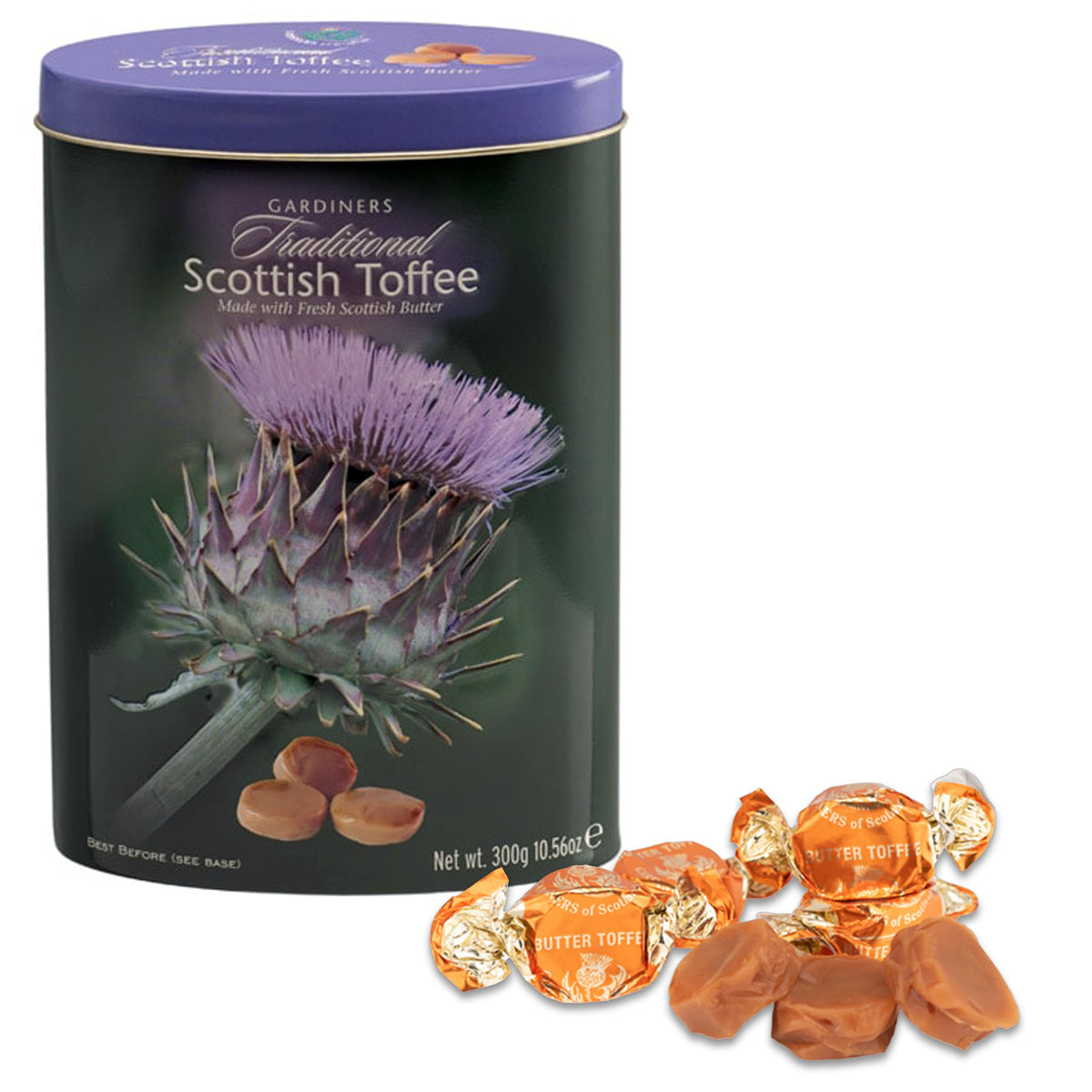 Gardiners of Scotland fudge tin front view with traditional packaging.