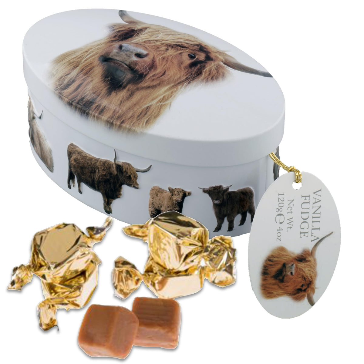 Gardiners of Scotland Highland Cow vanilla fudge tin design showcasing tradition and gift appeal.