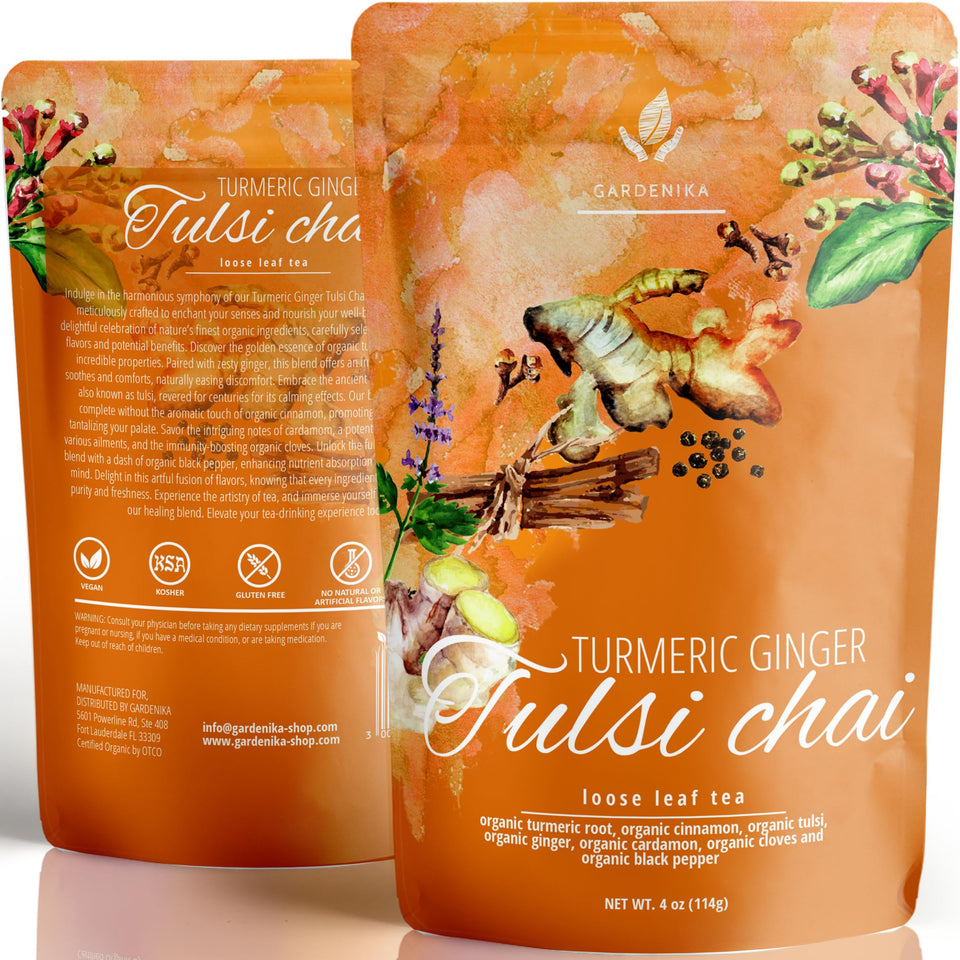 Gardenika organic turmeric ginger tulsi chai loose-leaf tea ready to brew, caffeine-free comfort.