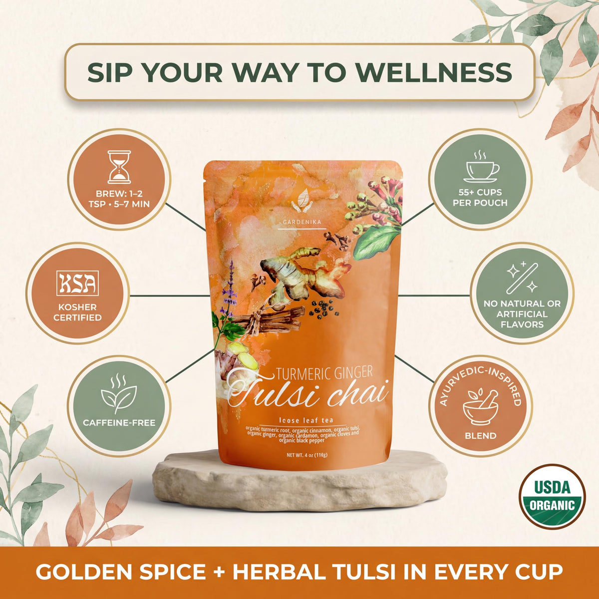 Gardenika organic turmeric ginger tulsi chai tea in sealed resealable pouch preserves freshness.