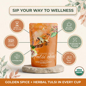 Gardenika organic turmeric ginger tulsi chai tea in sealed resealable pouch preserves freshness.