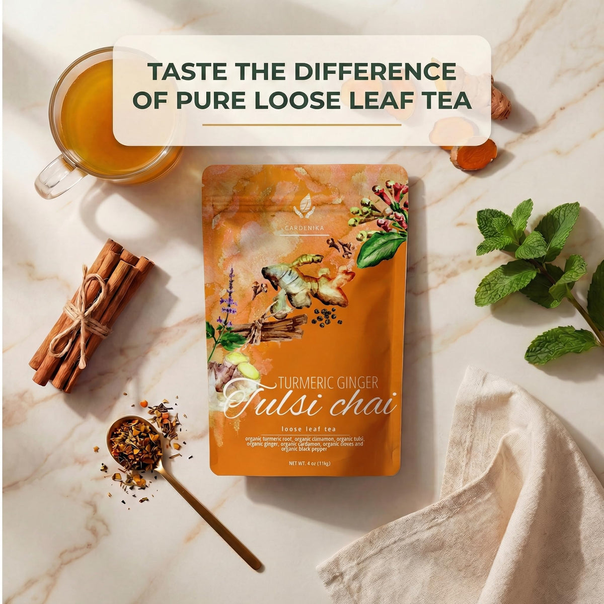 Gardenika teaspoon measures loose leaves for mindful preparation of chai tea.