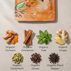 Gardenika tulsi turmeric ginger blend dry ingredients highlighting warm spices for cozy evenings.