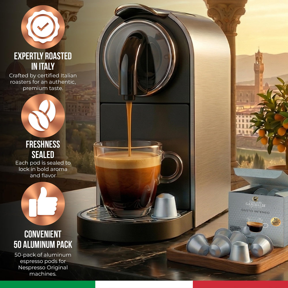Garibaldi espresso cup visual with strong aroma for a café-like home experience.