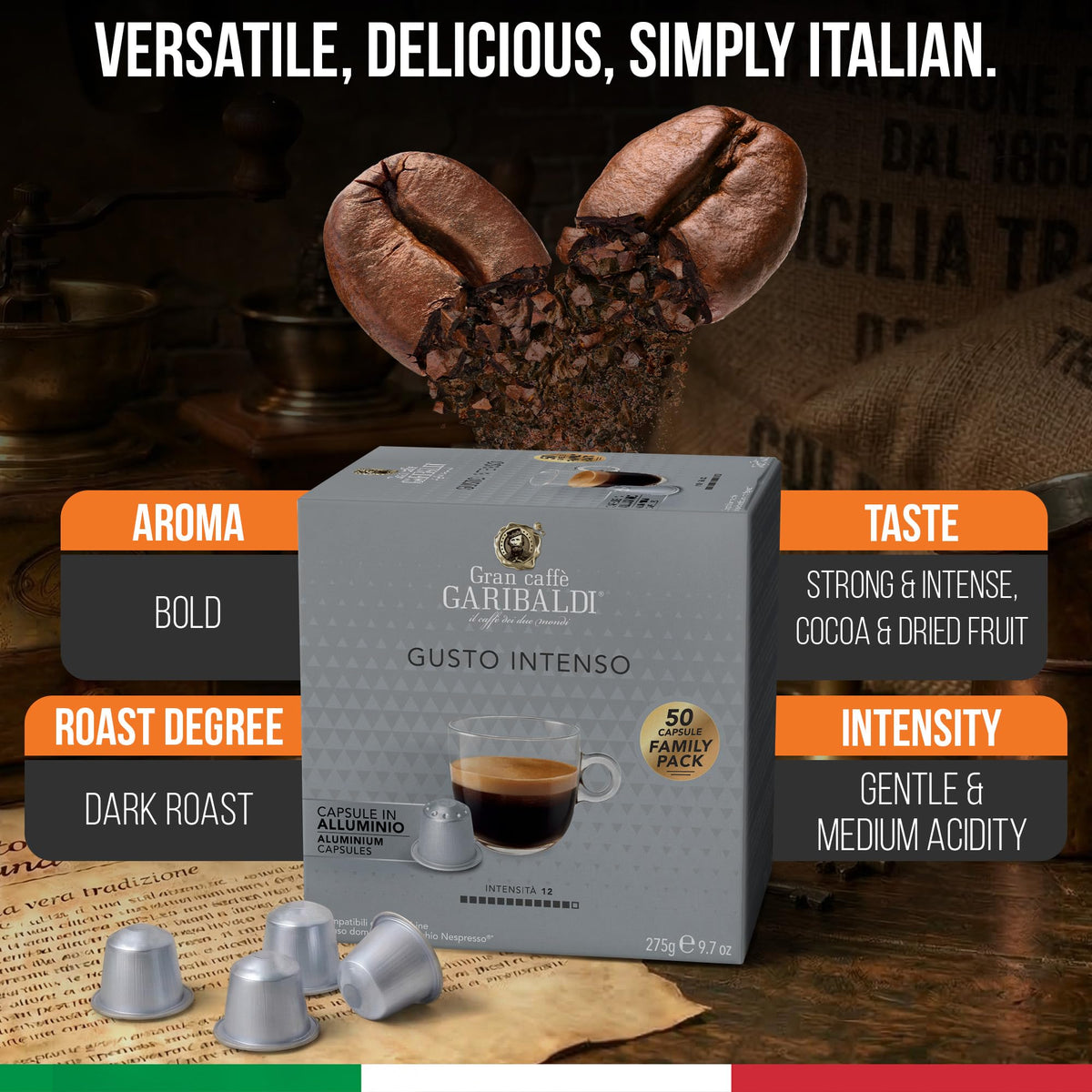 Garibaldi Gusto Intenso espresso pods with nitrogen-flushed freshness for consistent flavor.