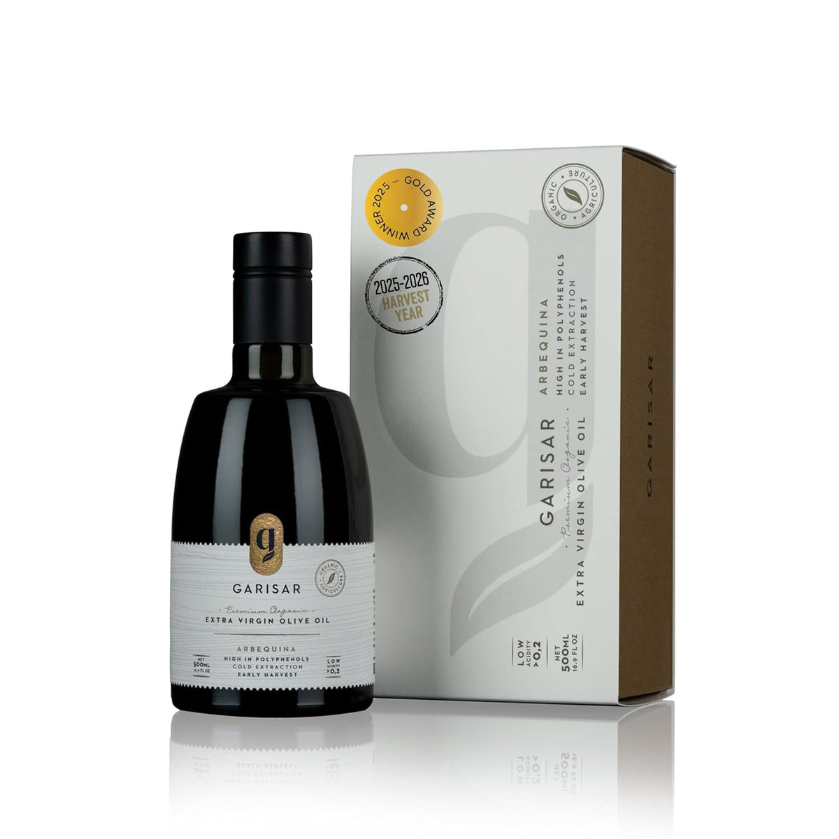 Garisar Arbequina early-harvest bottle shows vibrant color and polyphenol-rich flavor.