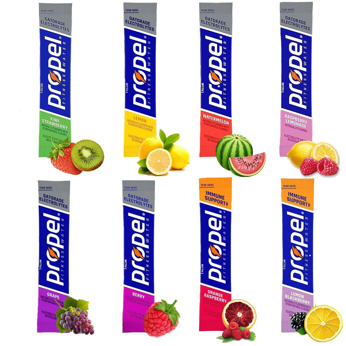 Garizze powder packets sampler with eight flavors for on-the-go hydration and electrolyte balance.