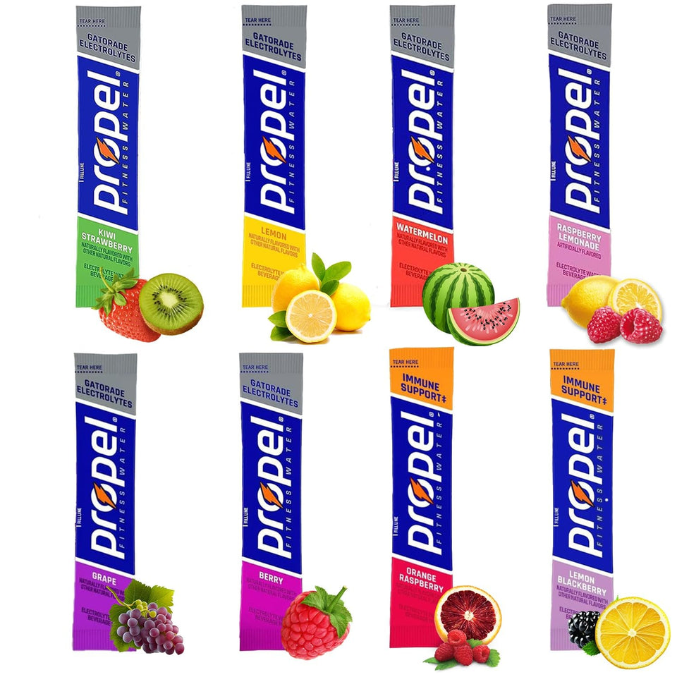 Garizze powder packets sampler with eight flavors for on-the-go hydration and electrolyte balance.