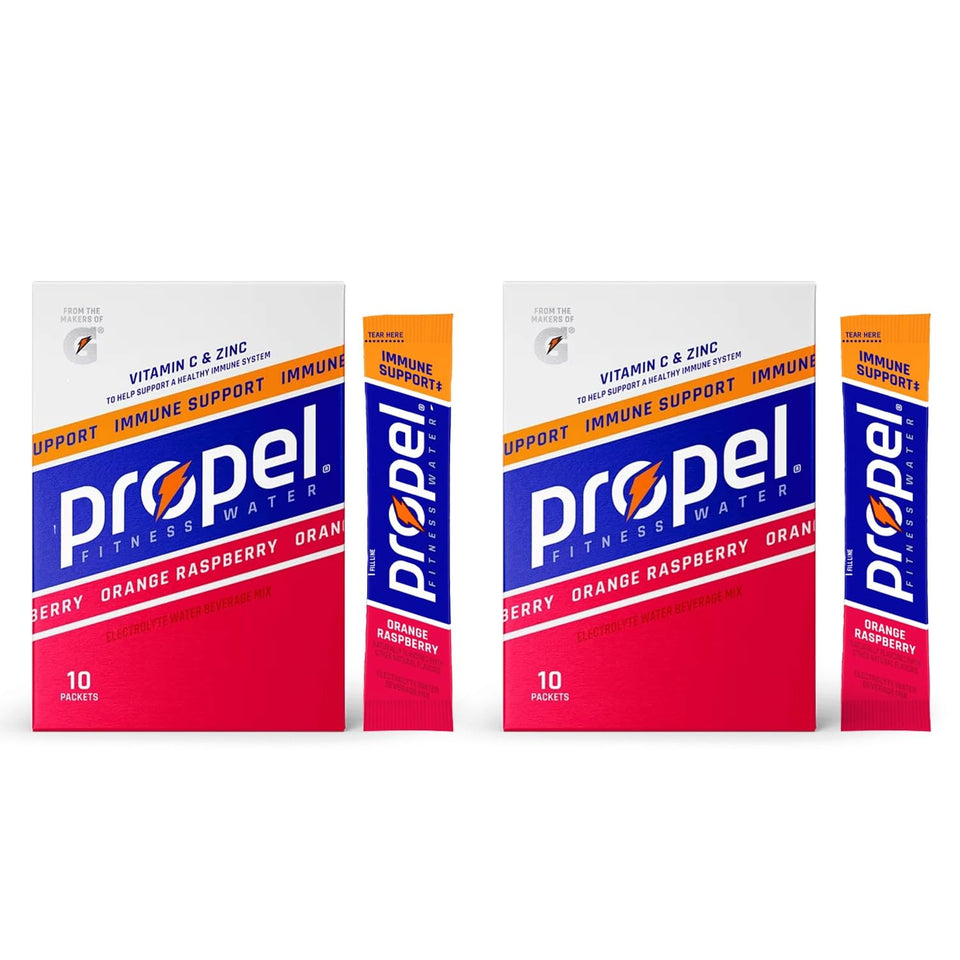 Garizze Propel Orange Raspberry packets ready to mix for hydrating performance during workouts.