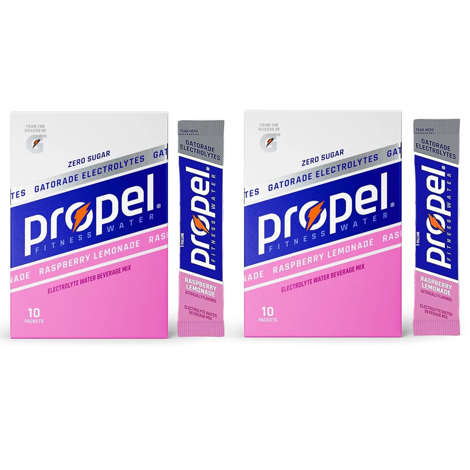 Garizze Propel Raspberry Lemonade packets in box 1 for on-the-go hydration with electrolytes.