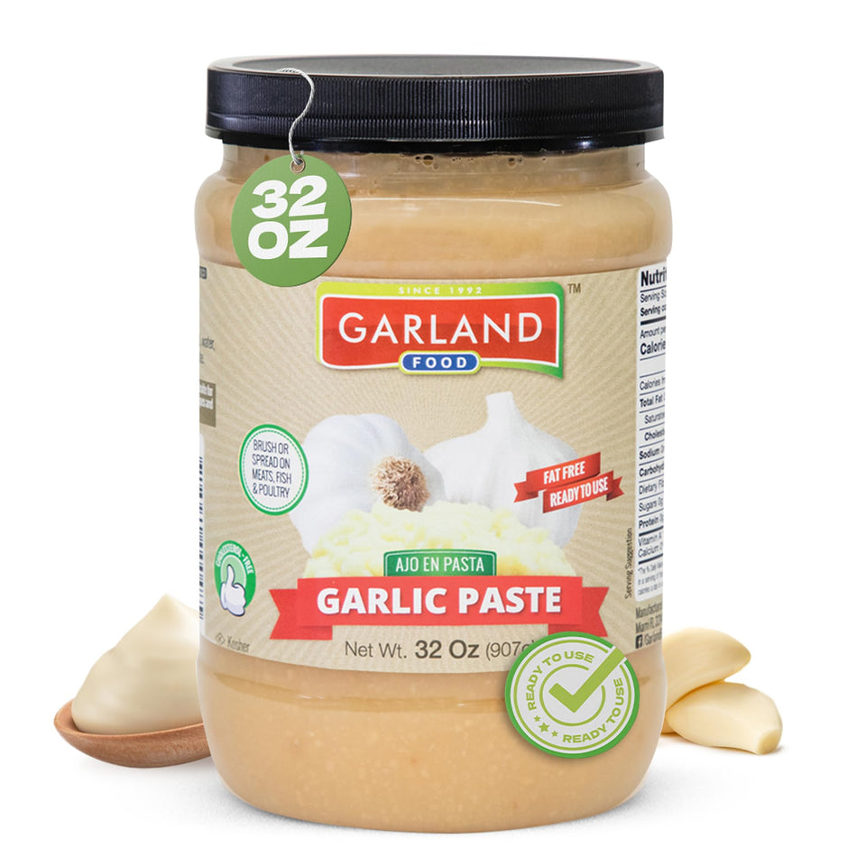 Garland Food garlic paste jar front, convenient 32 oz packaging for quick flavor boosts.