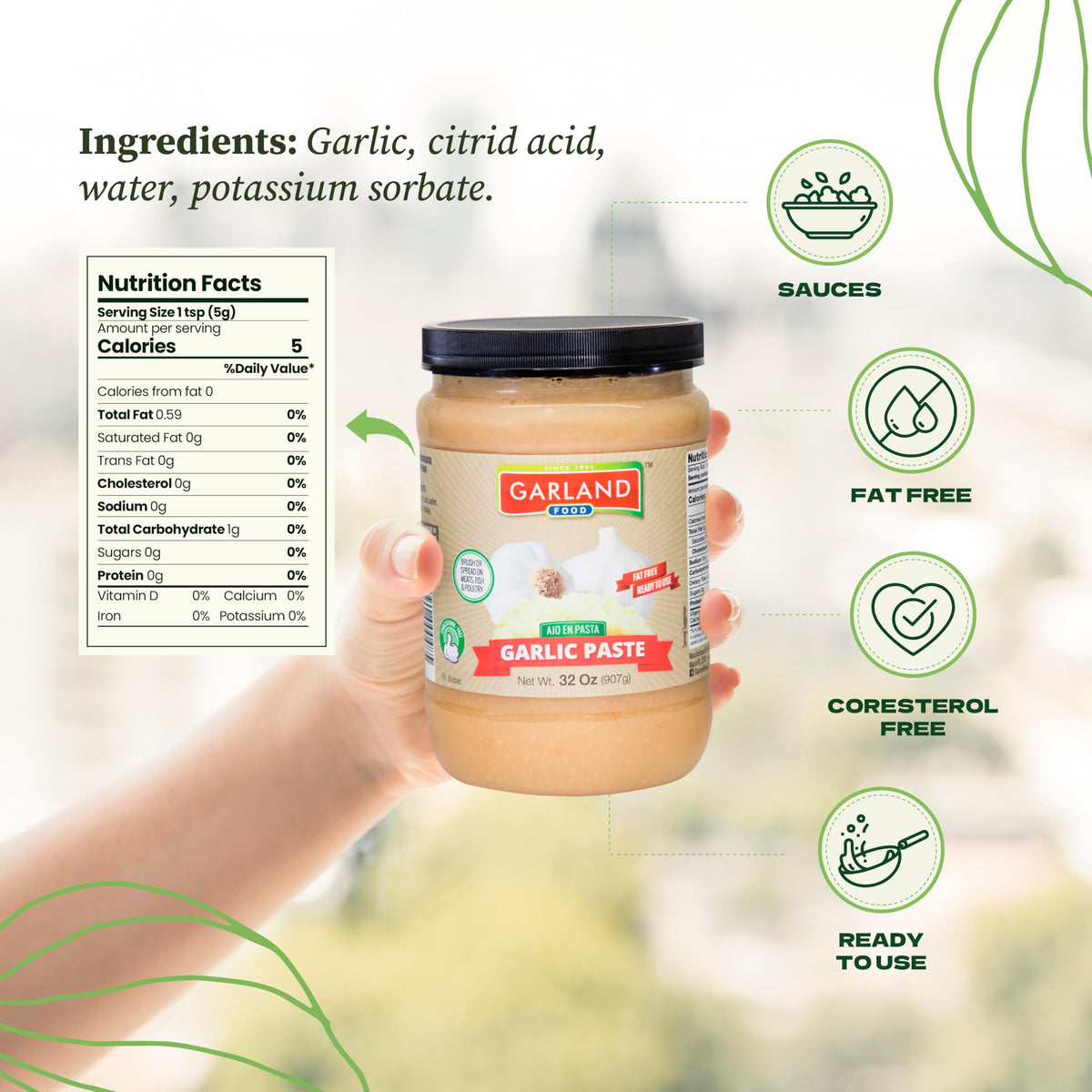 Garland Food garlic paste on shelf emphasizes long shelf life.