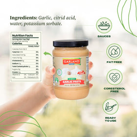 Garland Food garlic paste on shelf emphasizes long shelf life.