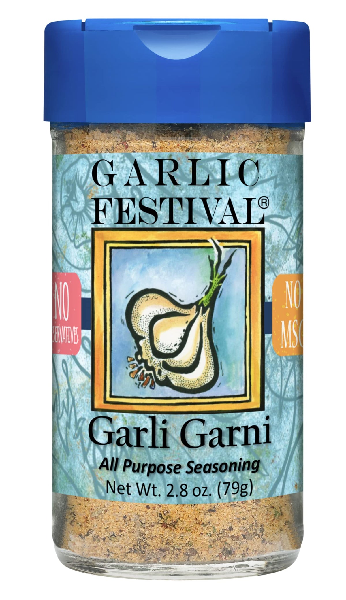 Garli Garni all-purpose seasoning jar ready for kitchen use.